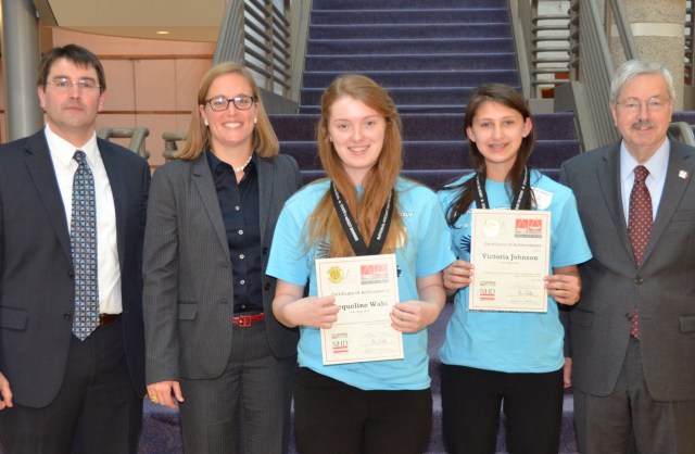 L to R: Brad Buck, Iowa Dept. of Education director; Mary Cownie, Iowa Dept. of Cultural Affairs director; Jacqueline Wahl, Victoria Johnson, Gov. Terry Branstad.