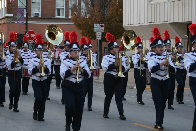 The Bobcat Marching Band performs during the Homecoming Parade Thursday, Oct. 9, 2014.